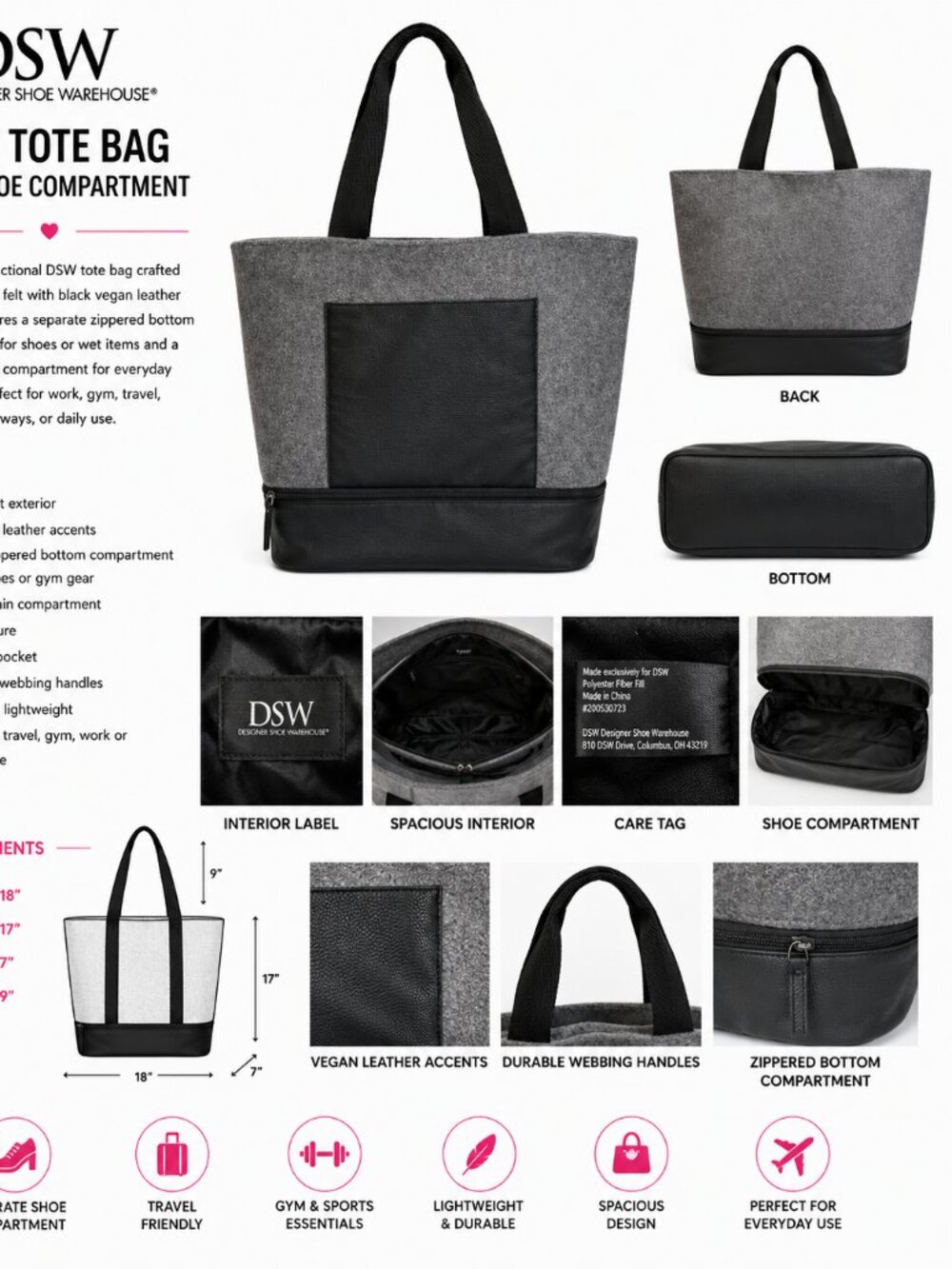 DSW Gray Felt Tote Bag Travel Gym Shoe Compartment Black Large
